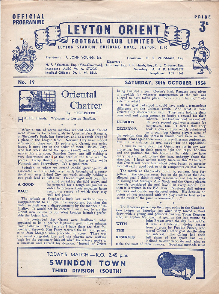 <b>Saturday, October 30, 1954</b><br />vs. Leyton Orient (Away)